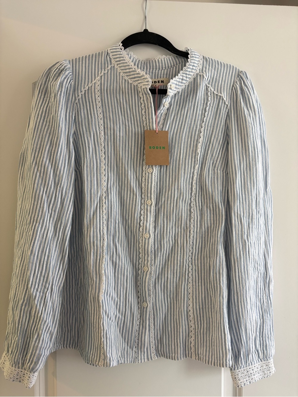Boden Blue and White Striped Lace-Trim Button-Down Shirt